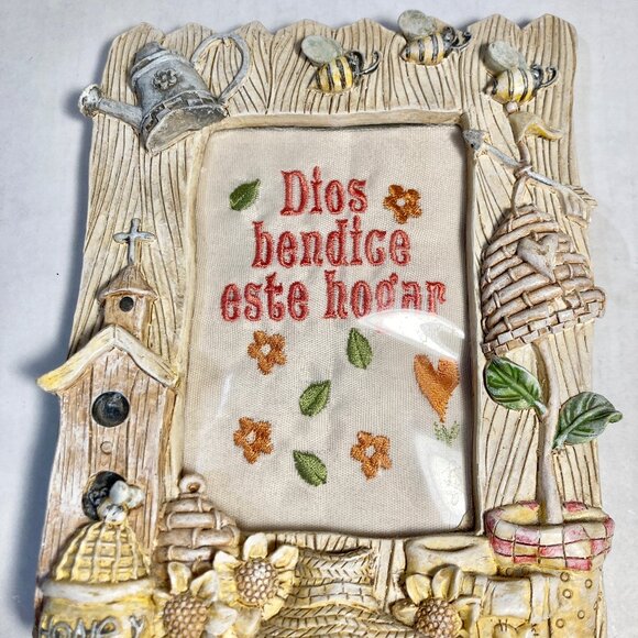 Vintage Spanish God Bless Our Home Christian Art Frame Blessing Cottage Core Bee - Picture 13 of 15